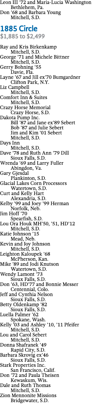 Leon III  72 and Maria-Lucia Washington Bethlehem, Pa  Don  68 and Barbara Young Mitchell, S D  1885 Circle  1,885 to   