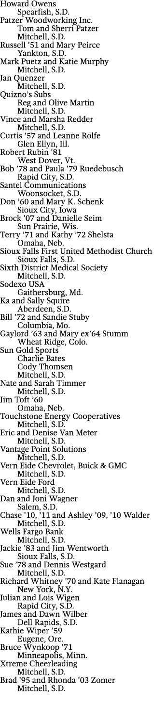 Howard Owens Spearfish, S D  Patzer Woodworking Inc  Tom and Sherri Patzer Mitchell, S D  Russell  51 and Mary Peirce   