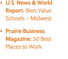 • U.S. News & World Report: Best Value Schools – Midwest • Prairie Business Magazine: 50 Best Places to Work 