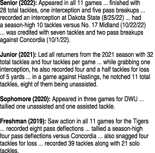 Senior (2022): Appeared in all 11 games ... finished with 28 total tackles, one interception and five pass breakups ....
