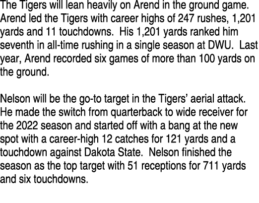 The Tigers will lean heavily on Arend in the ground game. Arend led the Tigers with career highs of 247 rushes, 1,201...
