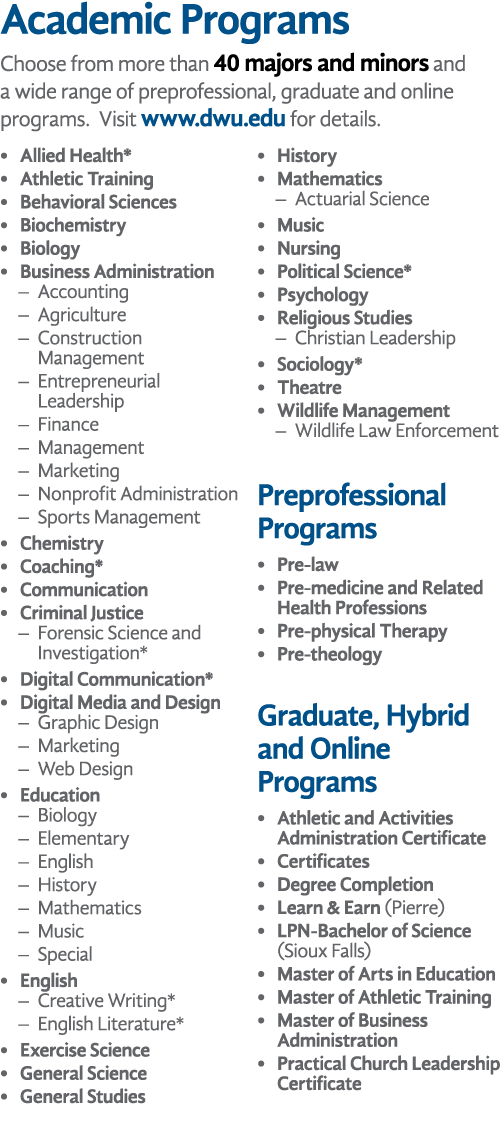Academic Programs Choose from more than 40 majors and minors and a wide range of preprofessional, graduate and online...