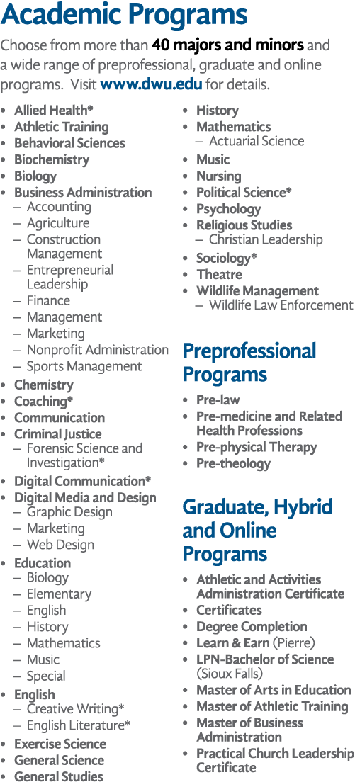 Academic Programs Choose from more than 40 majors and minors and a wide range of preprofessional, graduate and online   