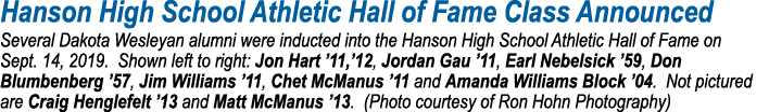 Hanson High School Athletic Hall of Fame Class Announced Several Dakota Wesleyan alumni were inducted into the Hanson   