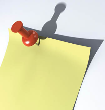 A very close view of a red plastic pushpin on a yellow piece of note paper  3D rendering with raytraced textures and HDRI lighting 