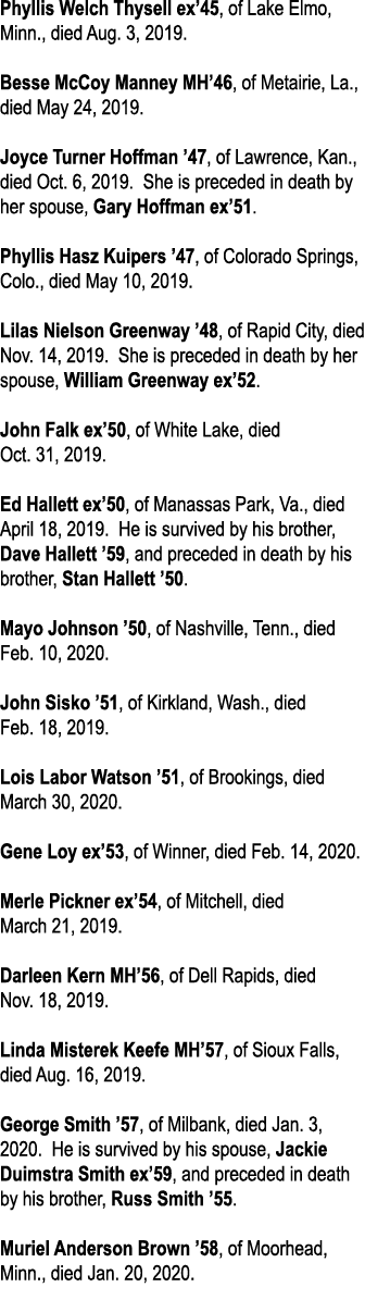 Phyllis Welch Thysell ex 45, of Lake Elmo, Minn , died Aug  3, 2019  Besse McCoy Manney MH 46, of Metairie, La , died   