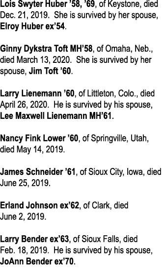 Lois Swyter Huber  58,  69, of Keystone, died Dec  21, 2019  She is survived by her spouse, Elroy Huber ex 54  Ginny    