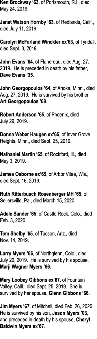 Ken Brockway  63, of Portsmouth, R I , died May 24, 2019  Janet Watson Hornby  63, of Redlands, Calif , died July 11,   