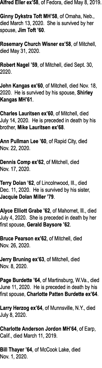 Alfred Eller ex 58, of Fedora, died May 8, 2019   Ginny Dykstra Toft MH 58, of Omaha, Neb , died March 13, 2020  She    