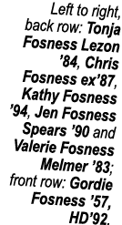 Left to right, back row: Tonja Fosness Lezon  84, Chris Fosness ex 87, Kathy Fosness  94, Jen Fosness Spears  90 and    