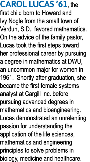 CAROL LUCAS  61, the first child born to Howard and Ivy Nogle from the small town of Verdun, S D , favored mathematic   