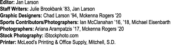 Editor: Jan Larson Staff Writers: Julie Brookbank  83, Jan Larson Graphic Designers: Chad Larson  94, Mckenna Rogers    