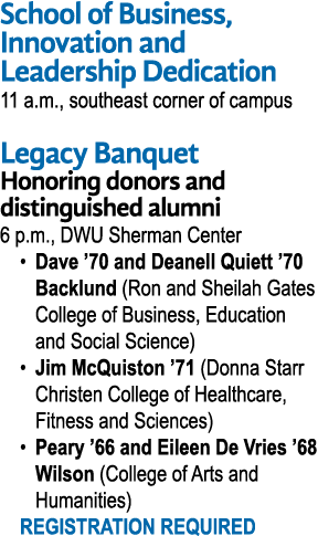 School of Business, Innovation and Leadership Dedication 11 a m , southeast corner of campus Legacy Banquet Honoring    