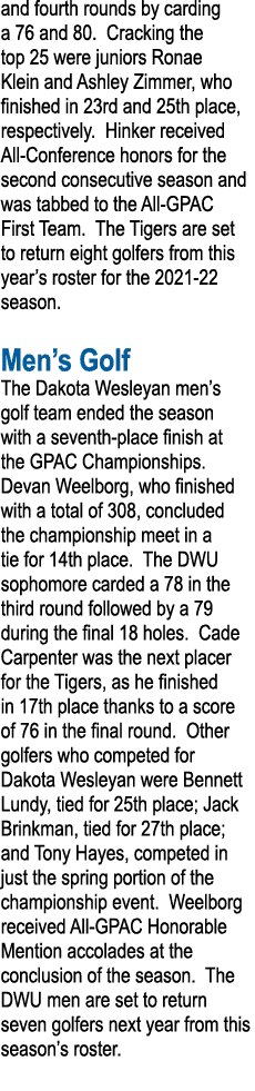 and fourth rounds by carding a 76 and 80  Cracking the top 25 were juniors Ronae Klein and Ashley Zimmer, who finishe   