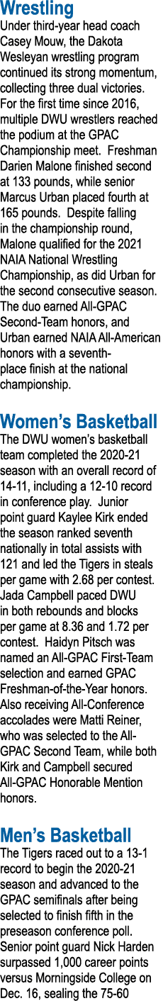 Wrestling Under third-year head coach Casey Mouw, the Dakota Wesleyan wrestling program continued its strong momentum   