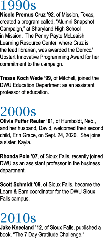 1990s Nicole Premus Cruz  92, of Mission, Texas, created a program called,  Alumni Snapshot Campaign,  at Sharyland H   