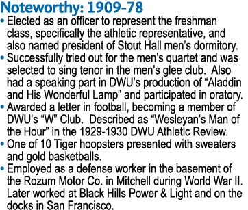 Noteworthy: 1909-78   Elected as an officer to represent the freshman class, specifically the athletic representative   