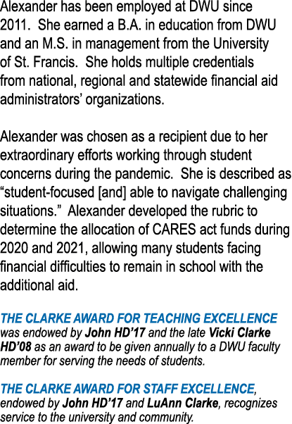 Alexander has been employed at DWU since 2011  She earned a B A  in education from DWU and an M S  in management from   