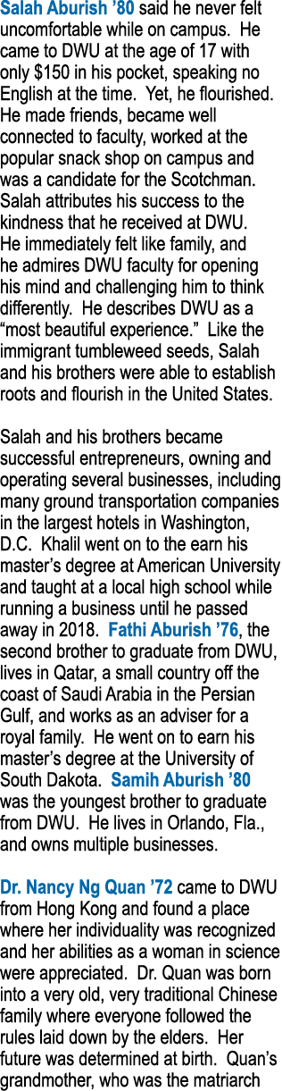 Salah Aburish  80 said he never felt uncomfortable while on campus  He came to DWU at the age of 17 with only  150 in   