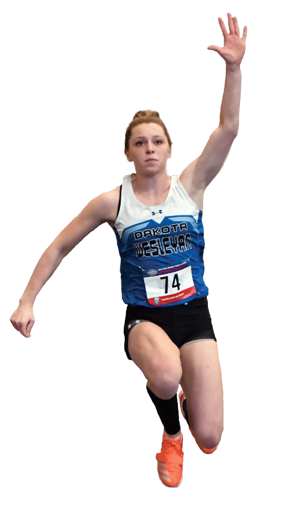Dakota Wesleyan's Lydia Gerber competes in the triple jump at the NAIA Indoor Track and Field Championships, Friday at the Ruth Donohoe First Dakota Fieldhouse in Yankton 
