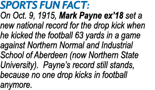 SPORTS Fun Fact: On Oct. 9, 1915, Mark Payne ex’18 set a new national record for the drop kick when he kicked the foo...