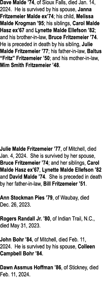 Dave Malde ’74, of Sioux Falls, died Jan. 14, 2024. He is survived by his spouse, Janna Fritzemeier Malde ex’74; his ...