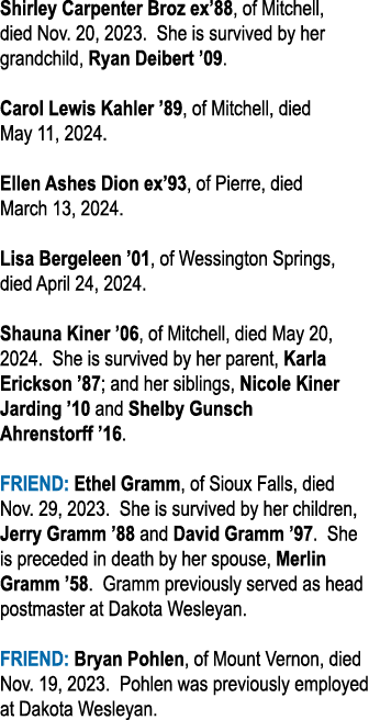 Shirley Carpenter Broz ex’88, of Mitchell, died Nov. 20, 2023. She is survived by her grandchild, Ryan Deibert ’09. C...