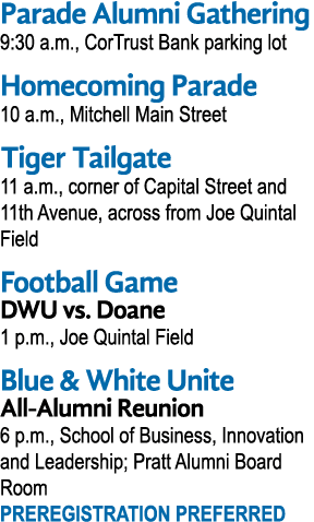 Parade Alumni Gathering 9:30 a.m., CorTrust Bank parking lot Homecoming Parade 10 a.m., Mitchell Main Street Tiger Ta...