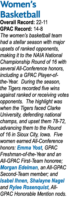 Women’s Basketball Overall Record: 22 11 GPAC Record: 14 8 The women’s basketball team had a stellar season with majo...