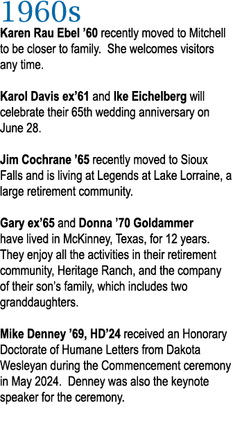 1960s Karen Rau Ebel ’60 recently moved to Mitchell to be closer to family. She welcomes visitors any time. Karol Dav...