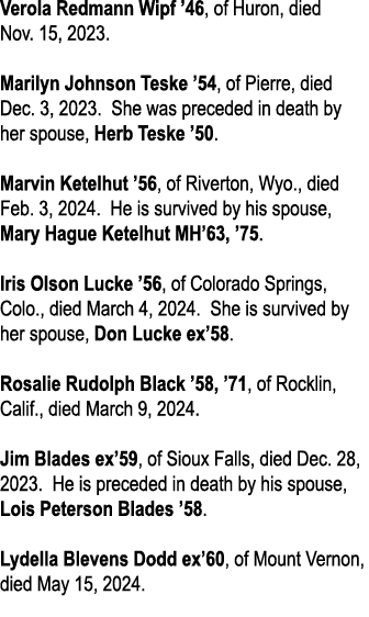 Verola Redmann Wipf ’46, of Huron, died Nov. 15, 2023. Marilyn Johnson Teske ’54, of Pierre, died Dec. 3, 2023. She w...