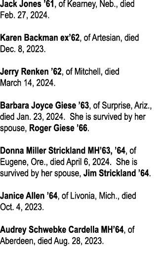 Jack Jones ’61, of Kearney, Neb., died Feb. 27, 2024. Karen Backman ex’62, of Artesian, died Dec. 8, 2023. Jerry Renk...