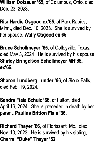 William Dotzauer ’65, of Columbus, Ohio, died Dec. 23, 2023. Rita Hardie Osgood ex’65, of Park Rapids, Minn., died De...