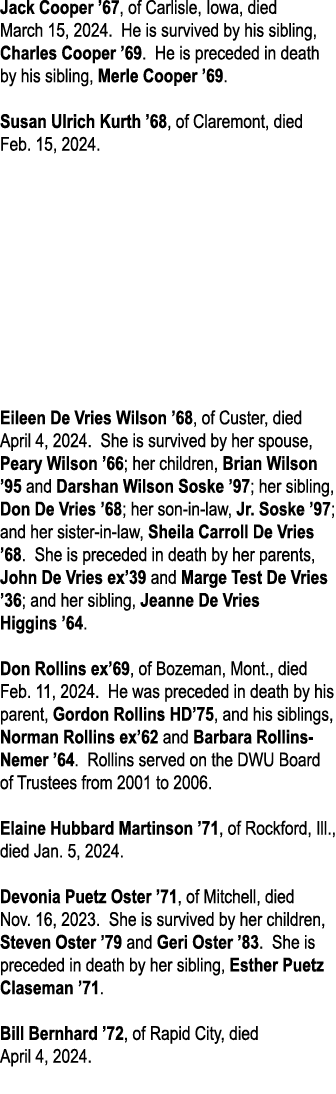 Jack Cooper ’67, of Carlisle, Iowa, died March 15, 2024. He is survived by his sibling, Charles Cooper ’69. He is pre...