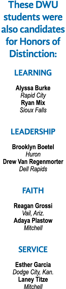 These DWU students were also candidates for Honors of Distinction: Learning Alyssa Burke Rapid City Ryan Mix Sioux Fa...