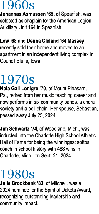 1960s Johannas Asmussen ’65, of Spearfish, was selected as chaplain for the American Legion Auxiliary Unit 164 in Spe...
