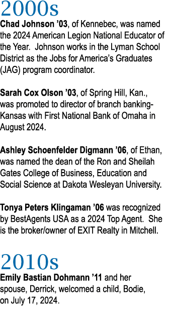 2000s Chad Johnson ’03, of Kennebec, was named the 2024 American Legion National Educator of the Year. Johnson works ...