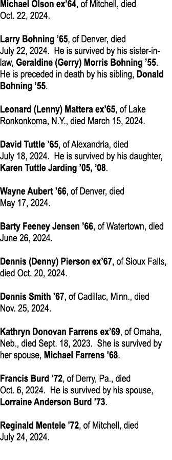 Michael Olson ex’64, of Mitchell, died Oct. 22, 2024. Larry Bohning ’65, of Denver, died July 22, 2024. He is survive...