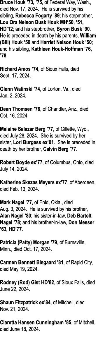 Bruce Houk ’73, ’75, of Federal Way, Wash., died Nov. 17, 2024. He is survived by his sibling, Rebecca Fogarty ’89; h...