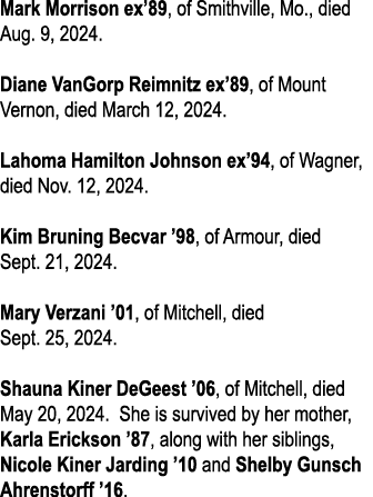 Mark Morrison ex’89, of Smithville, Mo., died Aug. 9, 2024. Diane VanGorp Reimnitz ex’89, of Mount Vernon, died March...