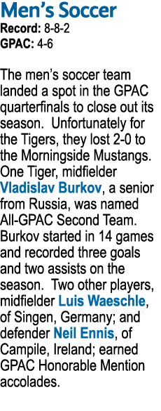 Men’s Soccer Record: 8 8 2 GPAC: 4 6 The men’s soccer team landed a spot in the GPAC quarterfinals to close out its s...