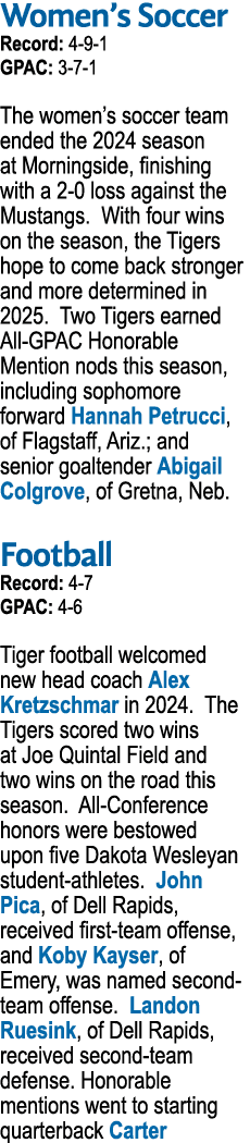 Women’s Soccer Record: 4 9 1 GPAC: 3 7 1 The women’s soccer team ended the 2024 season at Morningside, finishing with...