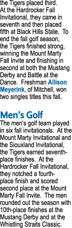 the Tigers placed third. At the Hardrocker Fall Invitational, they came in seventh and then placed fifth at Black Hil...