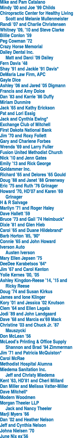 Mike and Pam Catalano Mindy ’00 and Joe ’99 Childs Chiropractic Center for Healthy Living Scott and Melanie Mullenmei...