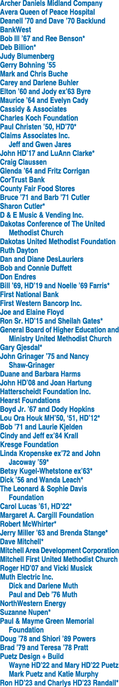 Archer Daniels Midland Company Avera Queen of Peace Hospital Deanell ’70 and Dave ’70 Backlund BankWest Bob III ’67 a...