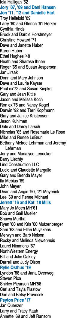 Iola Halligan ’52 Jory ’07, ’09 and Dani Hansen Jon ’11, ’12 and Danielle Hart Troy Helleloid ’89 Larry ’60 and Glenn...