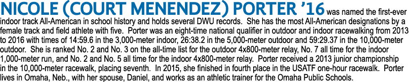 Nicole (Court Menendez) Porter ’16 was named the first ever indoor track All American in school history and holds sev...