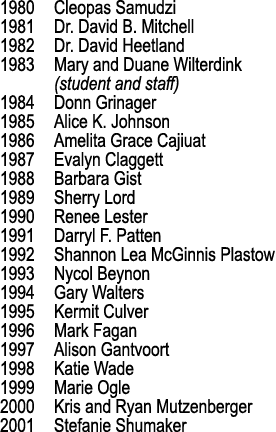 1980 Cleopas Samudzi 1981 Dr. David B. Mitchell 1982 Dr. David Heetland 1983 Mary and Duane Wilterdink (student and s...