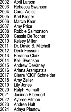 2002 April Larson 2003 Rebecca Swanson 2004 Carol Weiss 2005 Karl Kroger 2006 Marcia Kear 2007 Amy Price 2008 Robbie ...