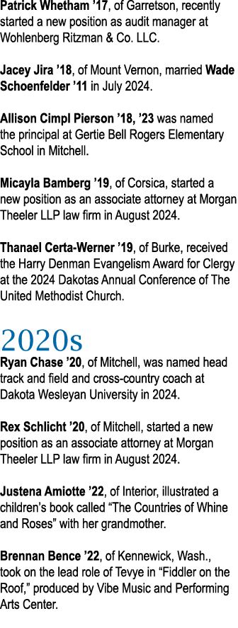 Patrick Whetham ’17, of Garretson, recently started a new position as audit manager at Wohlenberg Ritzman & Co. LLC. ...